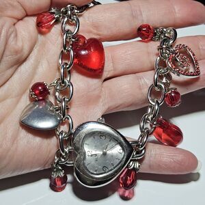 Heart Watch Women Silver Tone Red Beaded Charm Bracelet Needs New Battery